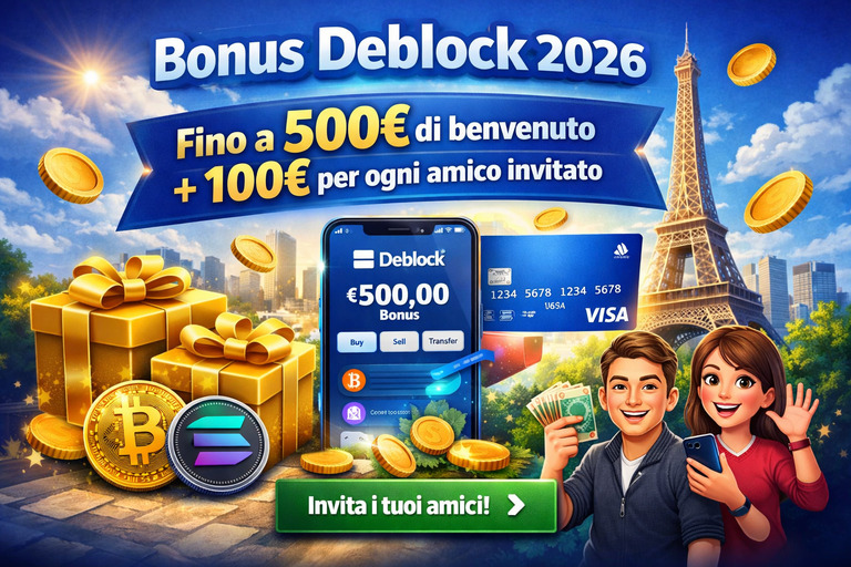Bonus Deblock 2026: fino a 500€ + Carta Visa + Conto Crypto con IBAN