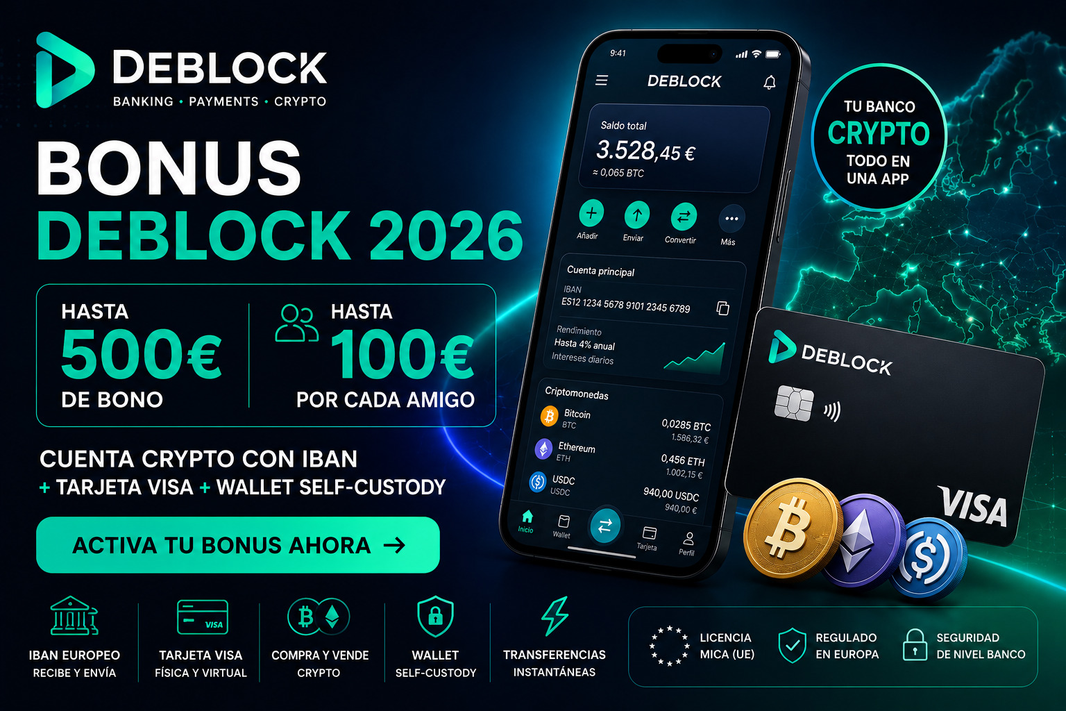 Bonus Deblock 2026 cuenta crypto con IBAN y tarjeta Visa