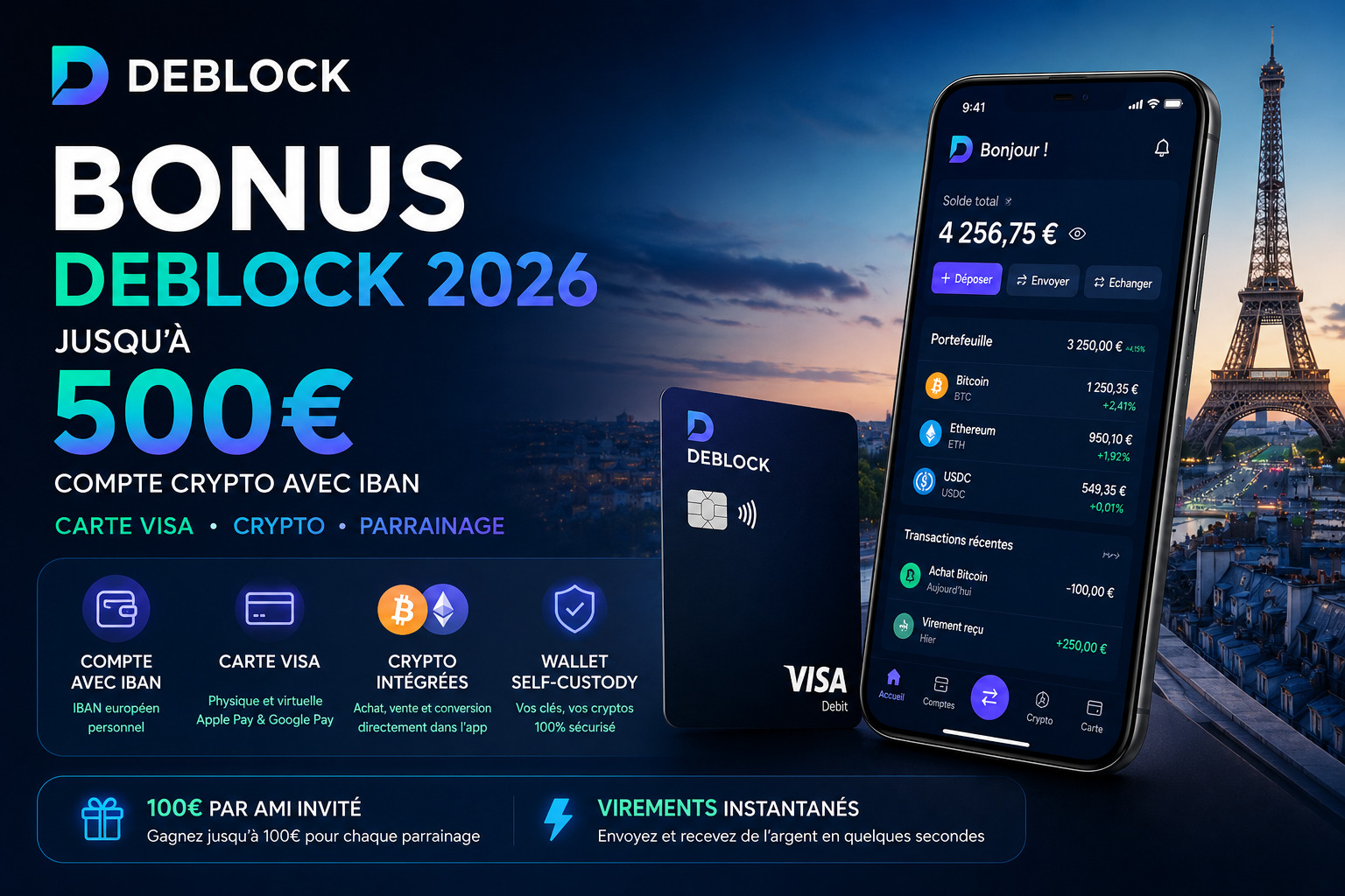 Bonus Deblock 2026 compte crypto avec IBAN et carte Visa