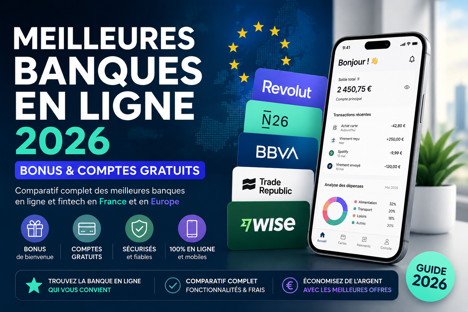 Meilleures banques en ligne 2026 : comparatif bonus, comptes gratuits et fintech