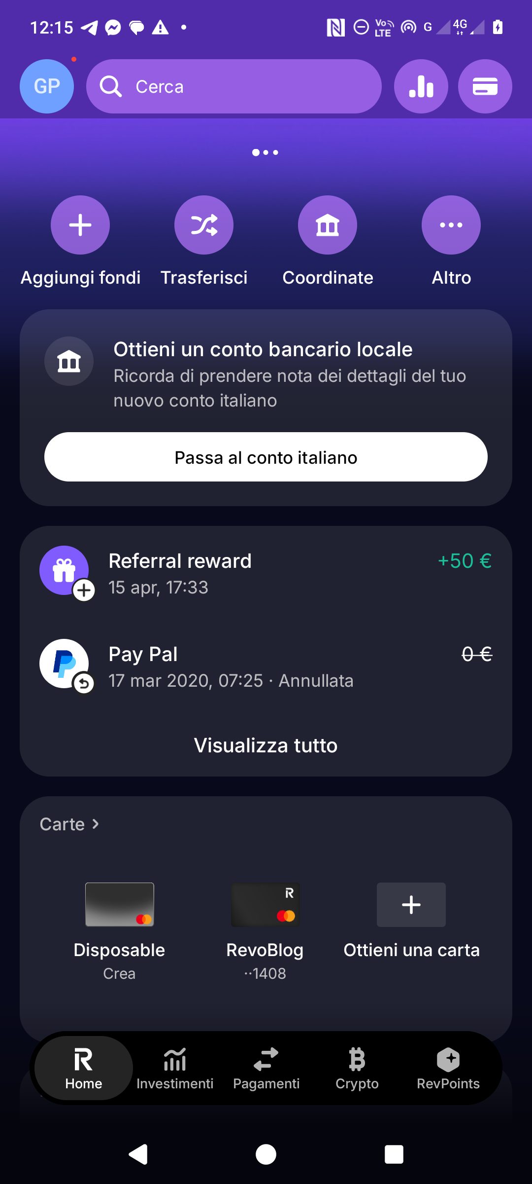 Movimenti e reward Revolut